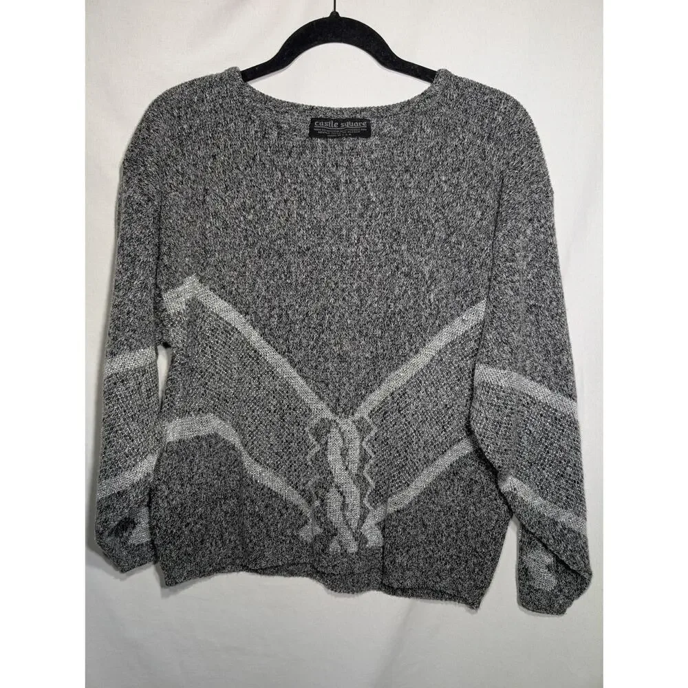 Vtg Castle Square knit sweater Sz M silver Grunge 80s 90s unisex allover pattern